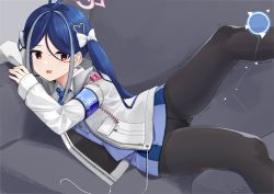 Rule 34 | 1girl, antenna hair, armband, aya mizunami, black pantyhose, blue archive, blue hair, blue necktie, blue vest, bow, collared shirt, couch, feet out of frame, fubuki (blue archive), hair bow, hair ornament, halo, heart, heart hair ornament, highres, jacket, leg up, light blush, multicolored hair, necktie, on couch, panties, panties under pantyhose, pantyhose, parted bangs, pencil skirt, red eyes, shirt, skirt, solo, streaked hair, sweat, trembling, twintails, two-tone hair, underwear, vest, walkie-talkie, white hair, white jacket, white shirt