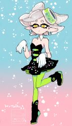 Rule 34 | 1girl, artist name, character name, detached collar, earrings, gloves, gradient background, green pantyhose, inkling, jewelry, l hakase, marie (splatoon), mole, mole under eye, nintendo, pantyhose, pointy ears, solo, splatoon (series), splatoon 1, white gloves