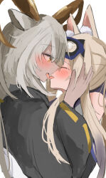 Rule 34 | 2girls, animal ear fluff, animal ears, arknights, beeswax (arknights), blush, cardigan (arknights), closed eyes, commission, dark-skinned female, dark skin, dog girl, drooling, french kiss, goat ears, goat girl, goat horns, goggles, goggles on head, hand on another&#039;s cheek, hand on another&#039;s face, horns, interracial, jacket, kiss, long hair, looking at another, multiple girls, saliva, skeb commission, sunaneko, tongue, tongue out, white hair, yellow eyes, yuri
