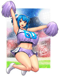 Rule 34 | 1girl, absurdres, armpits, arms up, blue hair, breasts, cheering, cheerleader, crop top, crop top overhang, english text, erkaz, full body, highres, holding, holding pom poms, huge breasts, legs up, looking at viewer, midriff, milestone celebration, navel, open mouth, original, outline, pom pom (cheerleading), pom poms, red eyes, rina atherina, shoes, smile, sneakers, solo, twintails, white footwear, white outline