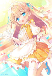 Rule 34 | 1girl, :d, apron, blonde hair, blue footwear, blue ribbon, blurry, blurry background, bow, collared shirt, commentary request, depth of field, dress, frilled apron, frilled dress, frills, hair ribbon, hand up, highres, ikari (aor3507), long hair, looking at viewer, maid headdress, open mouth, orange dress, original, pleated dress, puffy short sleeves, puffy sleeves, ribbon, shirt, shoes, short sleeves, sleeveless, sleeveless dress, smile, solo, thighhighs, two side up, very long hair, waist apron, waitress, white apron, white shirt, white thighhighs, yellow bow