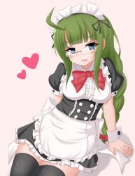 Rule 34 | 1girl, alternate costume, apron, bespectacled, black dress, black thighhighs, blush, braid, breasts, dress, enmaided, frozenpile, glasses, green hair, heart, kantai collection, long hair, maid, maid apron, maid headdress, medium breasts, mole, mole under mouth, open mouth, pink background, puffy short sleeves, puffy sleeves, red ribbon, ribbon, short sleeves, sitting, smile, solo, thighhighs, very long hair, waist apron, yuugumo (kancolle)