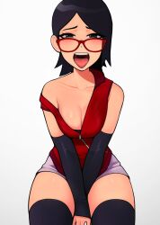 Rule 34 | 1girl, arms between legs, black gloves, black thighhighs, blush, boruto: naruto next generations, breasts, cleavage, collarbone, collared shirt, cowboy shot, elbow gloves, female focus, fingerless gloves, glasses, gloves, highres, loodncrood, looking at viewer, naruto (series), off shoulder, open mouth, red-framed eyewear, red shirt, revision, saliva, shirt, shorts, simple background, sitting, sleeveless, small breasts, solo, swept bangs, thighhighs, thighs, tongue, tongue out, uchiha sarada, white background, white shorts, zipper, zipper pull tab