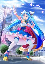 Rule 34 | 1girl, ahoge, armpits, blue eyes, blue footwear, blue hair, blue skirt, blue sky, boots, cloud, commission, cure sky, fighting stance, fingerless gloves, frilled skirt, frills, giant, giantess, gloves, gradient hair, highres, hirogaru sky! precure, long hair, magical girl, multicolored hair, open mouth, outdoors, pink hair, precure, signature, skeb commission, skirt, sky, solo, sora harewataru, streaked hair, thighhighs, tirofinire, twintails, two-tone hair, very long hair, white gloves, white thighhighs, wing hair ornament