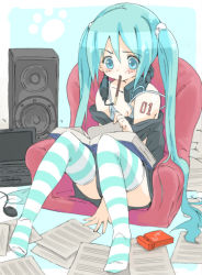 Rule 34 | 1girl, aqua eyes, aqua hair, bad id, bad pixiv id, book, bra, chair, computer, food, hatsune miku, headphones, headphones around neck, highres, laptop, lingerie, long hair, mouth hold, off shoulder, open book, pocky, raisu (megamisama), reading, sheet music, sitting, solo, speaker, strap slip, striped clothes, striped thighhighs, thighhighs, twintails, underwear, very long hair, vocaloid