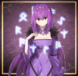 Rule 34 | 1girl, absurdres, alternate costume, arm at side, black ribbon, border, breasts, caster (lostbelt), cleavage, closed mouth, cowboy shot, detached sleeves, dress, expressionless, fate/grand order, fate (series), fur-trimmed sleeves, fur trim, gem, glowing, gradient background, hand on own chest, head tilt, highres, lizi, long hair, long sleeves, looking at viewer, magic, medium breasts, purple background, purple dress, purple hair, red eyes, ribbon, saint quartz (fate), scathach (fate), scathach skadi (fate), solo, standing, strapless, strapless dress, tiara, very long hair, wide sleeves, yellow border