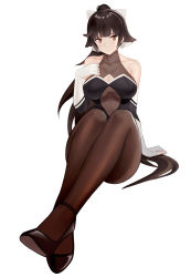 Rule 34 | 1girl, absurdres, azur lane, bare shoulders, black footwear, bodysuit, bow, breasts, brown eyes, brown hair, cl (summer sama), cleavage cutout, clothing cutout, elbow gloves, feet, fingerless gloves, full body, gloves, hair bow, highleg, highleg leotard, highres, large breasts, legs, leotard, long hair, looking at viewer, pantyhose, ponytail, race queen, simple background, sitting, skin tight, solo, takao (azur lane), takao (full throttle charmer) (azur lane), unitard, very long hair, white bow