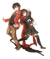 Rule 34 | 1boy, 1girl, \n/, arm up, black eyes, black hair, black serafuku, black shirt, black skirt, black thighhighs, brown eyes, brown footwear, brown hair, brown pants, casual, commentary, double-parted bangs, double \n/, drawstring, enpera, full body, hair between eyes, hair ornament, hairclip, highres, jacket, k-rumi, kagerou project, kisaragi shintarou, leaning back, legs apart, licking lips, loafers, long hair, long sleeves, looking at viewer, midriff peek, neckerchief, one eye closed, open clothes, open jacket, open mouth, pants, pleated skirt, red jacket, scarf, school uniform, serafuku, shirt, shoes, short hair, simple background, single stripe, skirt, smile, standing, striped, t-shirt, tateyama ayano, thighhighs, tongue, tongue out, track jacket, v-neck, white background, white neckerchief, white stripes, winter uniform