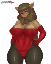 Rule 34 | 1girl, animal ears, areola slip, breasts, brown hair, cat ears, cat tail, covered erect nipples, dark-skinned female, dark skin, elbow gloves, freckles, furry, furry female, girlsay, gloves, hand on own hip, highres, large areolae, large breasts, long hair, miranda (wakfu), orange eyes, red gloves, smile, snout, solo, strapless, tail, taut clothes, wakfu