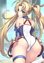 Rule 34 | 1girl, armor, ass, back, bare shoulders, blonde hair, blue eyes, blush, bradamante (fate), bradamante (first ascension) (fate), braid, breasts, closed mouth, crown braid, elbow gloves, fate/grand order, fate (series), faulds, gloves, highleg, highleg leotard, highres, leotard, long hair, looking at viewer, looking back, medium breasts, ninnin (shishitou), smile, solo, thigh strap, thighs, twintails, very long hair