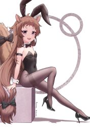 Rule 34 | 1girl, :3, absurdres, animal ears, arm strap, artist name, black bow, black bowtie, black footwear, black leotard, black pantyhose, bow, bowtie, breasts, brown hair, commentary, covered navel, dated, detached collar, english commentary, fake animal ears, hair bow, high heels, highleg, highleg leotard, highres, knee up, leotard, long hair, low-tied long hair, open mouth, pantyhose, playboy bunny, princess connect!, purple eyes, rabbit ears, rin (princess connect!), ruinone, sitting, small breasts, solo, squirrel ears, squirrel girl, squirrel tail, strapless, strapless leotard, tail, teeth, thighband pantyhose, upper teeth only, v-shaped eyebrows, very long hair