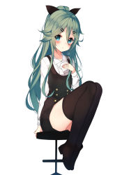 Rule 34 | 10s, 1girl, alternate costume, ankle boots, black dress, black ribbon, black thighhighs, blue eyes, boots, brown footwear, casual, cup, dress, gin00, green hair, hair between eyes, hair ornament, hair ribbon, hairclip, highres, holding, holding cup, kantai collection, long hair, long sleeves, ribbon, shirt, shoes, simple background, sitting, solo, suspenders, thighhighs, white background, white shirt, yamakaze (kancolle)