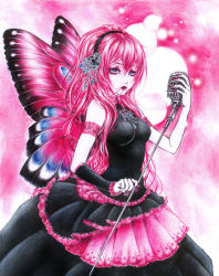 Rule 34 | 1girl, arm warmers, bare shoulders, bell line gown, black dress, blue eyes, butterfly wings, colored eyelashes, crayon (medium), dress, eyelashes, eyeshadow, gown, hair in own mouth, hair ornament, headphones, hisekai, insect wings, jewelry, lips, lipstick, long hair, magnet (vocaloid), makeup, marker (medium), megurine luka, microphone, microphone stand, nail polish, pale skin, pink hair, signature, sleeveless, solo, traditional media, vocaloid, wings