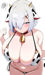 Rule 34 | 1girl, absurdres, alternate costume, animal collar, animal ears, animal print, bell, bikini, black bikini, blue eyes, blush, breasts, cleavage, collar, collarbone, commentary request, cow ears, cow horns, cow print, cow tail, cowbell, embarrassed, eyes visible through hair, fake animal ears, fake horns, fake tail, hair between eyes, hair over one eye, half-closed eyes, hamakaze (kancolle), hands up, hauto-san, highres, horns, huge breasts, kantai collection, long bangs, looking at viewer, navel, short hair, side-tie bikini bottom, solo, string bikini, swimsuit, swirl, tail, two-tone bikini, white background, white bikini