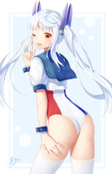 Rule 34 | 1girl, ;d, ass, blue background, blue hair, border, commentary request, competition swimsuit, crop top, fingernails, from behind, gradient background, hand on own thigh, hand up, head tilt, headgear, highres, index finger raised, ji dao ji, le fantasque (warship girls r), legs apart, light blue hair, long hair, looking at viewer, looking back, multicolored clothes, multicolored swimsuit, one-piece swimsuit, one eye closed, open mouth, orange eyes, puffy short sleeves, puffy sleeves, school uniform, serafuku, short sleeves, sidelocks, signature, smile, solo, standing, swimsuit, swimsuit under clothes, thighhighs, twintails, warship girls r, white border, white thighhighs, wrist cuffs