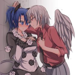 Rule 34 | 2girls, @ @, alternate costume, animal ears, belt, blue eyes, blue hair, blush, breast suppress, breasts, collared shirt, contemporary, doremy sweet, dress, feathered wings, grey hair, grey wings, hair between eyes, half-closed eyes, kabedon, kishin sagume, kuroba rapid, long hair, looking at another, looking down, medium breasts, multiple girls, necktie, no headwear, no headwear, pants, pom pom (clothes), ponytail, red eyes, shirt, shy, single wing, smile, tail, tapir ears, tapir tail, touhou, wing collar, wings, yuri
