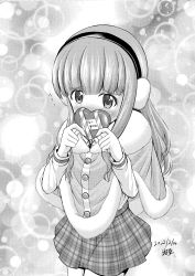 Rule 34 | 1girl, absurdres, artist name, blunt bangs, blush, box, capelet, casual, commentary, covering own mouth, cowboy shot, dated, earmuffs, english text, fur-trimmed capelet, fur trim, gift, gift box, girls und panzer, greyscale, hairanworkshop, heart-shaped box, highres, holding, holding gift, long hair, long sleeves, looking at viewer, miniskirt, monochrome, plaid, plaid skirt, pleated skirt, signature, skirt, solo, sparkle, standing, takebe saori, valentine