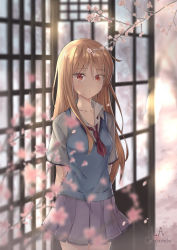Rule 34 | 1girl, arms behind back, artist name, blonde hair, blue vest, blurry, blurry background, breasts, cherry blossoms, collarbone, collared shirt, cowboy shot, dot nose, expressionless, eyes visible through hair, hair over eyes, hand on own arm, la campanella, long hair, looking at viewer, medium breasts, neckerchief, pleated skirt, purple skirt, red eyes, red neckerchief, sakura-sou no pet na kanojo, school uniform, shiina mashiro, shirt, short sleeves, skirt, solo, standing, tsurime, vest, white shirt