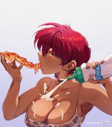 Rule 34 | 1girl, animal print, bluethebone, breasts, cleavage, collarbone, commentary, cow print, dark-skinned female, dark skin, eating, english commentary, food, gradient background, grey background, grey eyes, highres, holding, holding food, large breasts, open mouth, original, patreon username, pizza, red hair, sausage, sexually suggestive, short hair, solo, tomboy, tongue, tongue out, upper body