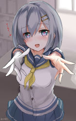 Rule 34 | 10s, 1girl, absurdres, blue eyes, blush, breasts, gloves, grey hair, hair ornament, hairclip, hamakaze (kancolle), heart, heart-shaped pupils, highres, jewelry, kantai collection, looking at viewer, mono (sunegey), open mouth, ornate ring, outstretched arms, ring, school uniform, serafuku, short hair, short sleeves, single glove, skirt, solo, symbol-shaped pupils, twitter username, upper body, wedding ring, white gloves