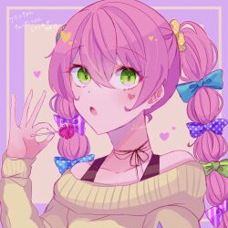Rule 34 | 1boy, blush, bow, candy, food, fran (technoroid), green eyes, hair bow, heart on cheek, highres, holding, holding candy, holding food, holding lollipop, lollipop, looking at viewer, male focus, multicolored background, multiple hair bows, open mouth, pink hair, purple background, shenaa, solo, technoroid, trap, twintails