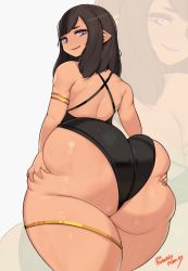 Rule 34 | 1girl, armlet, artist name, ass, ass grab, back, black hair, from behind, grabbing own ass, highres, huge ass, long hair, looking at viewer, looking back, original, pointy ears, probablynoon, purple eyes, smile, solo, sweat, thick thighs, thighlet, thighs, wide hips