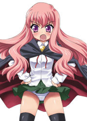 Rule 34 | 00s, 1girl, cape, hotori (sion), long hair, louise francoise le blanc de la valliere, panties, pentacle, solo, striped clothes, striped panties, thighhighs, underwear, white background, wind, wind lift, zero no tsukaima