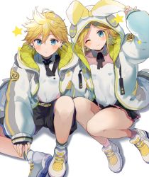 Rule 34 | 1boy, 1girl, aqua eyes, bare legs, black neckwear, blonde hair, blue eyes, blush, bow, choker, closed mouth, commentary, detached collar, ear piercing, earrings, fingerless gloves, gloves, hair bow, hair ornament, hairclip, hood, hoodie, jewelry, kagamine len, kagamine rin, looking at viewer, miniskirt, nail polish, necktie, one eye closed, piercing, pleated skirt, puffy sleeves, shimada71 72, shoes, shorts, skirt, sneakers, socks, star (symbol), vocaloid, yellow nails, zipper