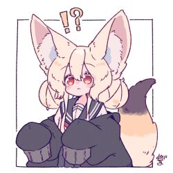 Rule 34 | !?, 1girl, :&lt;, absurdres, animal ears, black jacket, black sailor collar, blonde hair, blush stickers, commentary request, double bun, fox ears, fox girl, fox tail, hair bun, highres, jacket, long hair, long sleeves, megateru, off shoulder, open clothes, open jacket, original, puffy long sleeves, puffy sleeves, red eyes, sailor collar, school uniform, serafuku, shirt, signature, simple background, sleeves past fingers, sleeves past wrists, solo, tail, upper body, white background, white shirt