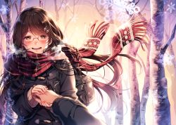 Rule 34 | 1girl, :d, bad id, bad pixiv id, bag, bare tree, black coat, blush, braid, breath, brown eyes, buttons, coat, cold, enpera, fingernails, floating hair, fringe trim, glasses, hair ornament, hairclip, half-closed eyes, hand grab, happy, highres, kat (bu-kunn), lens flare, light particles, long hair, long sleeves, looking at viewer, open mouth, original, out of frame, outdoors, plaid, plaid scarf, pov, pov hands, red-framed eyewear, red scarf, scarf, school bag, shoulder bag, side braid, sleeves past wrists, smile, snowflakes, snowing, solo focus, sparkle, sweater, swept bangs, tree, twin braids, upper body, winter, winter clothes