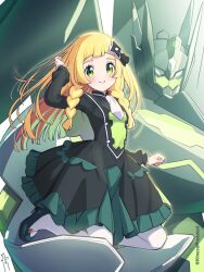 Rule 34 | 1girl, ascot, black dress, blonde hair, blunt bangs, blush, braid, buttons, closed mouth, commentary request, cosplay, creatures (company), dress, eyelashes, game freak, gen 6 pokemon, green eyes, hair ribbon, hand up, highres, kinocopro, legendary pokemon, lillie (pokemon), long hair, long sleeves, looking at viewer, nintendo, pantyhose, pokemon, pokemon (creature), pokemon masters ex, pokemon sm, ribbon, serena (pokemon) (cosplay), shoes, smile, twin braids, twitter username, watermark, white ascot, white pantyhose, zygarde, zygarde (complete)