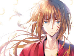 Rule 34 | 1boy, blue eyes, brown hair, collarbone, facial scar, feathers, floating hair, hair between eyes, highres, himura kenshin, japanese clothes, kimono, long hair, looking at viewer, male focus, ponytail, portrait, red kimono, rurouni kenshin, scar, scar on cheek, scar on face, simple background, solo, very long hair, white background, white feathers, youta