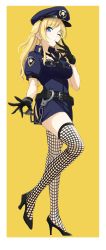 Rule 34 | 1girl, absurdres, alternate hairstyle, belt, black belt, black dress, black footwear, black gloves, black hat, black necktie, black thighhighs, blonde hair, blue eyes, border, commentary, cuffs, dress, emblem, english text, fishnet thighhighs, fishnets, full body, gloves, hachimiya meguru, hair down, hand to own mouth, handcuffs, hat, high heels, highres, idolmaster, idolmaster shiny colors, long hair, looking at viewer, microdress, necktie, one eye closed, open mouth, parted lips, peaked cap, police, police hat, police uniform, short sleeves, side slit, simple background, solo, standing, standing on one leg, star (symbol), tatsukimizu, thighhighs, uniform, white border, yellow background
