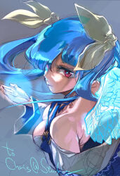 Rule 34 | 1girl, angel wings, back, bare shoulders, belt, blue hair, breasts, cleavage, collarbone, commission, detached sleeves, dizzy (guilty gear), from behind, guilty gear, guilty gear xrd, hair ribbon, hair rings, large breasts, looking at viewer, looking back, mature female, nasuno shura, red eyes, ribbon, skeb commission, solo, twintails, wide sleeves, wings