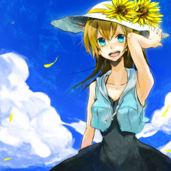 Rule 34 | 1girl, armpits, bad id, bad pixiv id, blonde hair, blue eyes, cloud, cropped jacket, day, dress, flower, hand on headwear, hat, hizuki reno, jacket, long hair, looking at viewer, open mouth, original, sky, solo, sun hat, sunflower