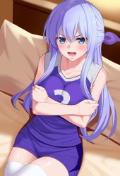 Rule 34 | 1girl, arm grab, bare shoulders, blue eyes, blue hair, blue shirt, blue shorts, blurry, blurry background, blush, bow, breasts, collarbone, couch, crossed arms, frown, hair between eyes, hair bow, huyumitsu, indoors, large breasts, long hair, looking at viewer, on couch, open mouth, original, pillow, purple bow, shirt, short shorts, shorts, sidelocks, sitting, sleeveless, sleeveless shirt, solo, sportswear, thighhighs, very long hair, volleyball uniform, white thighhighs