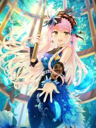 Rule 34 | 1girl, :d, arm warmers, bad id, bad pixiv id, bang dream!, blue dress, blue feathers, commentary request, dress, feather hair ornament, feathers, gem, hair ornament, handband, highres, holding, jewelry, lace, long hair, minato yukina, open mouth, outstretched hand, pearl (gemstone), plant, round teeth, sleeveless, sleeveless dress, smile, solo, teeth, tokkyu, upper teeth only, vines, yellow eyes, yellow feathers
