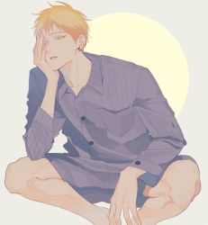 Rule 34 | 1boy, a8fsk6214, blonde hair, blue pajamas, buttons, commentary request, ear piercing, hand on own face, kise ryouta, kuroko no basuke, male focus, one eye closed, pajamas, parted lips, piercing, pocket, sitting, solo, striped clothes, striped pajamas, yellow eyes