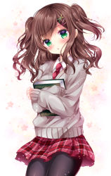 Rule 34 | 1girl, black pantyhose, blush, book, hugging book, brown hair, commentary request, dress, green eyes, hair ornament, hairclip, holding, holding book, long hair, long sleeves, looking at viewer, necktie, nogi takayoshi, hugging object, original, pantyhose, plaid, plaid skirt, red necktie, school uniform, sidelocks, simple background, skirt, sleeves past wrists, solo, sweater, sweater dress, twintails, two side up, x hair ornament