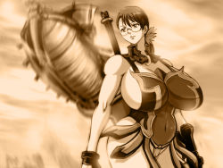 Rule 34 | 1girl, aircraft, airship, black hair, breasts, cattleya (queen&#039;s blade), glasses, large breasts, mature female, monochrome, patsuki, queen&#039;s blade, smile