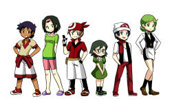 Rule 34 | 3boys, 3girls, absurdres, apron, arms behind back, bandana, beanie, bike shorts, black hair, blue eyes, blue hair, bow, bowtie, brother and sister, brown eyes, brown hair, cilan (pokemon), commentary, creatures (company), dark skin, dawn (pokemon), dress, game freak, gender request, genderswap, glasses, gloves, green eyes, green hair, hairband, hand in pocket, hands in pockets, hands on own hips, hat, highres, iris (pokemon), maimai97, max (pokemon), may (pokemon), multiple boys, multiple girls, nintendo, open mouth, pokemon, pokemon (anime), pokemon (classic anime), pokemon bw (anime), pokemon dppt (anime), pokemon rse (anime), popped collar, purple hair, sandals, scarf, short hair, shorts, siblings, simple background, smile, standing, tracey sketchit, waitress, white background