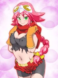 Rule 34 | 1girl, bike shorts, blush, breasts, cleavage, closed mouth, covered erect nipples, gloves, graphite (medium), green eyes, large breasts, looking at viewer, mask, mask on head, medium breasts, millipen (medium), navel, aged up, onnaski, penne (zoids wild), pink hair, red shorts, scarf, short hair, shorts, smile, solo, traditional media, zoids, zoids wild