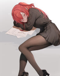 Rule 34 | 1girl, black pantyhose, black skirt, black sweater, bocchi the rock!, commentary request, high heels, highres, kita ikuyo, long hair, minusk9, one side up, pantyhose, pleated skirt, red hair, skirt, sleeping, solo, sweater