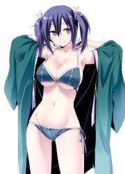 Rule 34 | 10s, 1girl, bikini, blue eyes, breasts, cleavage, cowboy shot, groin, himura kiseki, japanese clothes, kantai collection, kimono, large breasts, multiple girls, navel, open clothes, open kimono, short hair, side-tie bikini bottom, simple background, smile, solo, souryuu (kancolle), swimsuit, twintails, underboob, white background