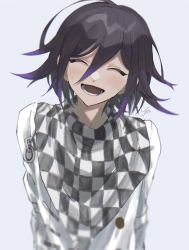 Rule 34 | 1boy, arms behind back, black hair, checkered clothes, checkered neckwear, checkered scarf, closed eyes, danganronpa (series), danganronpa v3: killing harmony, gradient hair, grey background, hair between eyes, highres, joh pierrot, long sleeves, male focus, male pubic hair, multicolored hair, open mouth, oma kokichi, pubic hair, purple hair, scarf, signature, simple background, solo, straitjacket, upper body
