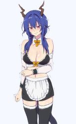 Rule 34 | 1girl, alternate costume, apron, arknights, bare shoulders, bikini, black bikini, black skirt, black thighhighs, blue hair, blush, breasts, ch&#039;en (arknights), cleavage, closed mouth, detached collar, detached sleeves, dragon girl, dragon horns, dragon tail, embarrassed, enmaided, higata akatsuki, highres, horns, large breasts, long hair, long sleeves, looking at viewer, low twintails, maid, miniskirt, motion lines, navel, neck ribbon, nervous smile, orange ribbon, pink eyes, ribbon, simple background, skirt, smile, solo, swimsuit, tail, thighhighs, trembling, twintails, waist apron, wavy mouth, white apron, white background, zettai ryouiki