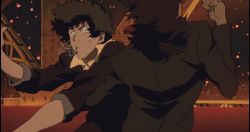 Rule 34 | 1990s (style), 2boys, balloon, black hair, blood, cowboy bebop, fighting, formal, injury, male focus, multiple boys, punching, retro artstyle, rivets, saliva, spike spiegel, stairs, suit, upper body, vincent volaju, violence