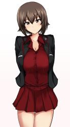 Rule 34 | 1girl, arms behind back, black jacket, blush, breasts, brown eyes, brown hair, cleavage, collarbone, cowboy shot, dress shirt, girls und panzer, hair between eyes, highres, jacket, kuromorimine military uniform, large breasts, long sleeves, looking at viewer, miniskirt, nishizumi maho, open clothes, open jacket, pleated skirt, poshi (ginmokusei), red shirt, red skirt, shirt, short hair, skirt, skirt set, smile, solo, thigh gap