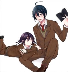 Rule 34 | 2boys, :o, ahoge, alternate costume, bad id, bad pixiv id, black footwear, black hair, book, brown footwear, brown jacket, brown pants, brown sweater, collared shirt, commentary request, danganronpa (series), danganronpa v3: killing harmony, hair between eyes, highres, holding, holding book, jacket, knee up, kokeshi 1101, loafers, long sleeves, looking at another, looking up, lower teeth only, lying, male focus, multiple boys, necktie, on stomach, open book, open mouth, oma kokichi, pants, purple eyes, purple hair, red neckwear, saihara shuichi, school uniform, shirt, shoes, simple background, sitting, sweatdrop, sweater, teeth, white background, white shirt
