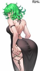 Rule 34 | 1girl, absurdres, alternate breast size, alternate costume, arm strap, artist name, ass, back, backless dress, backless outfit, bare shoulders, black dress, breasts, curly hair, curvy, dress, from behind, green eyes, green hair, green nails, highres, huge ass, looking at viewer, looking back, medium breasts, nail polish, one-punch man, rezeharu, shiny skin, short hair, side-tie dress, side slit, simple background, solo, tatsumaki, thighs, white background, wide hips